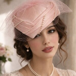 Vintage Lux 1950's Formal Pillbox Satin Hat Pearl Detail